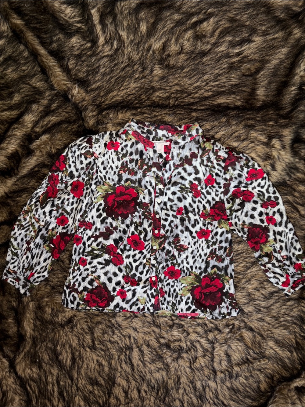Allison Daley Floral & Animal Print Button-Front Top -White, Red, Black Size PM